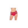 Shorty rouge en dentelle et rubans entrecroisés noir sur les côtés 